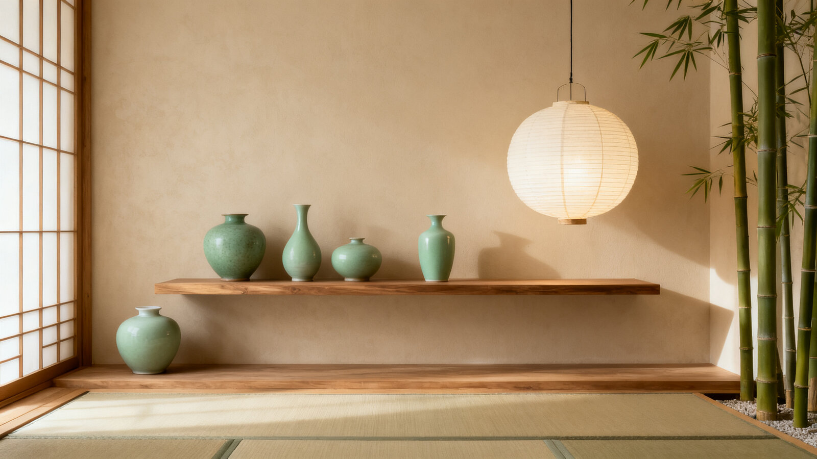 Minimalist oriental interior with ceramic vases